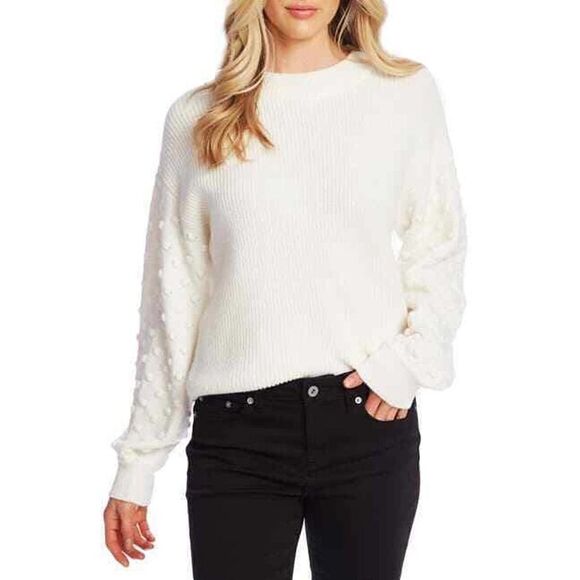 CECE XL White Puff Sleeve Bobble Ribbed Sweater - Picture 1 of 5